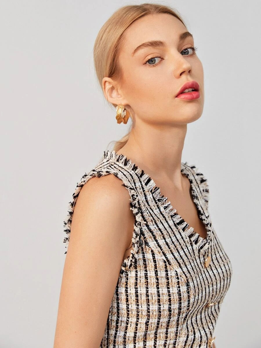 CM-DS619791 Women Elegant Seoul Style V-Neck Flap Detail Raw Edge Tweed Dress