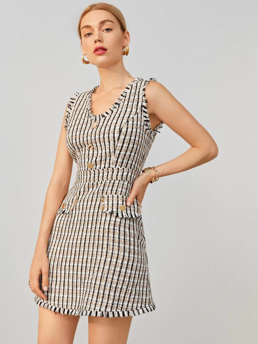 CM-DS619791 Women Elegant Seoul Style V-Neck Flap Detail Raw Edge Tweed Dress
