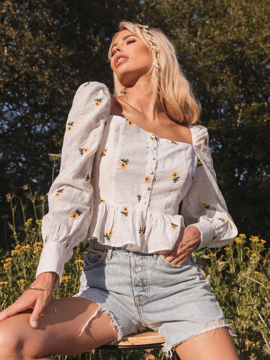 CM-TS608596 Women Trendy Bohemian Style Square Neck Sunflower Embroidered Peplum Blouse