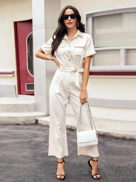 CM-JS609805 Women Casual Seoul Style Short Sleeve Button Front Belted Utility Jumpsuit - Beige