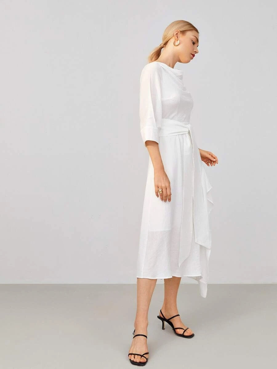 CM-DS624404 Women Elegant Seoul Style Cowl Neck Low Back Tie Waist High Split Dress