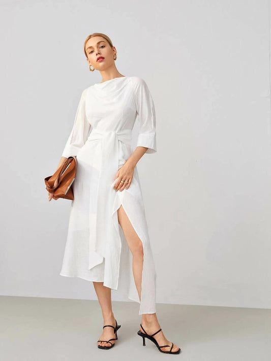 CM-DS624404 Women Elegant Seoul Style Cowl Neck Low Back Tie Waist High Split Dress