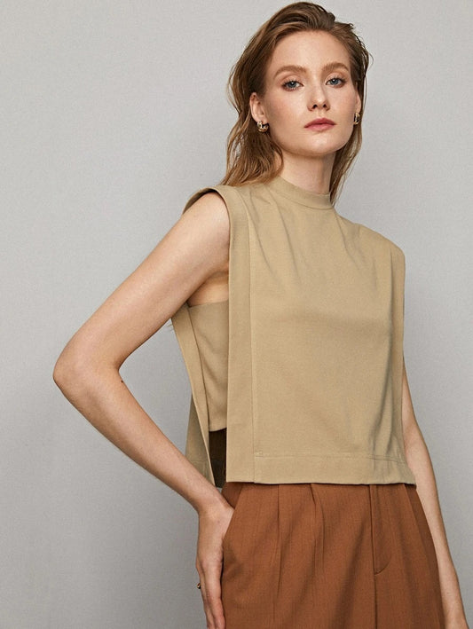 CM-TS605386 Women Casual Seoul Style Sleeveless Mock Neck Zip Back Solid Top - Khaki