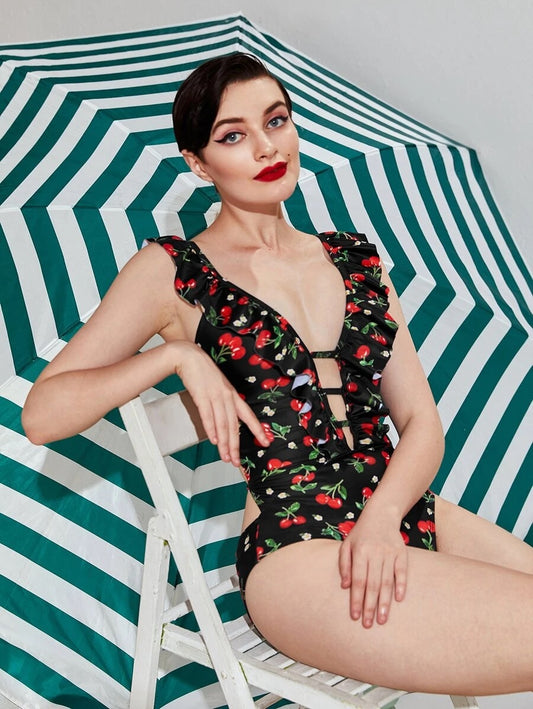 CM-SWS703822 Women Trendy Seoul Style Cherry Print Ruffle Plunging One Piece Swimsuit