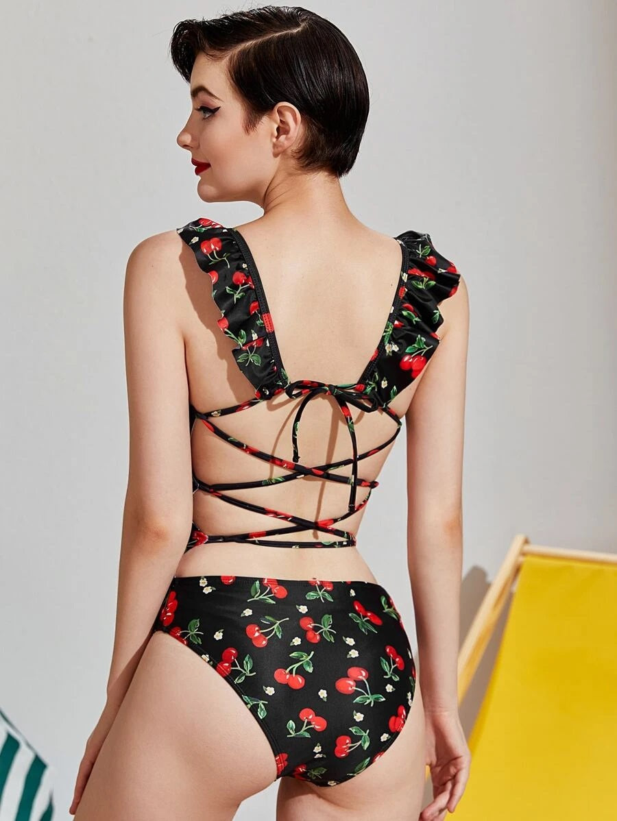 CM-SWS703822 Women Trendy Seoul Style Cherry Print Ruffle Plunging One Piece Swimsuit