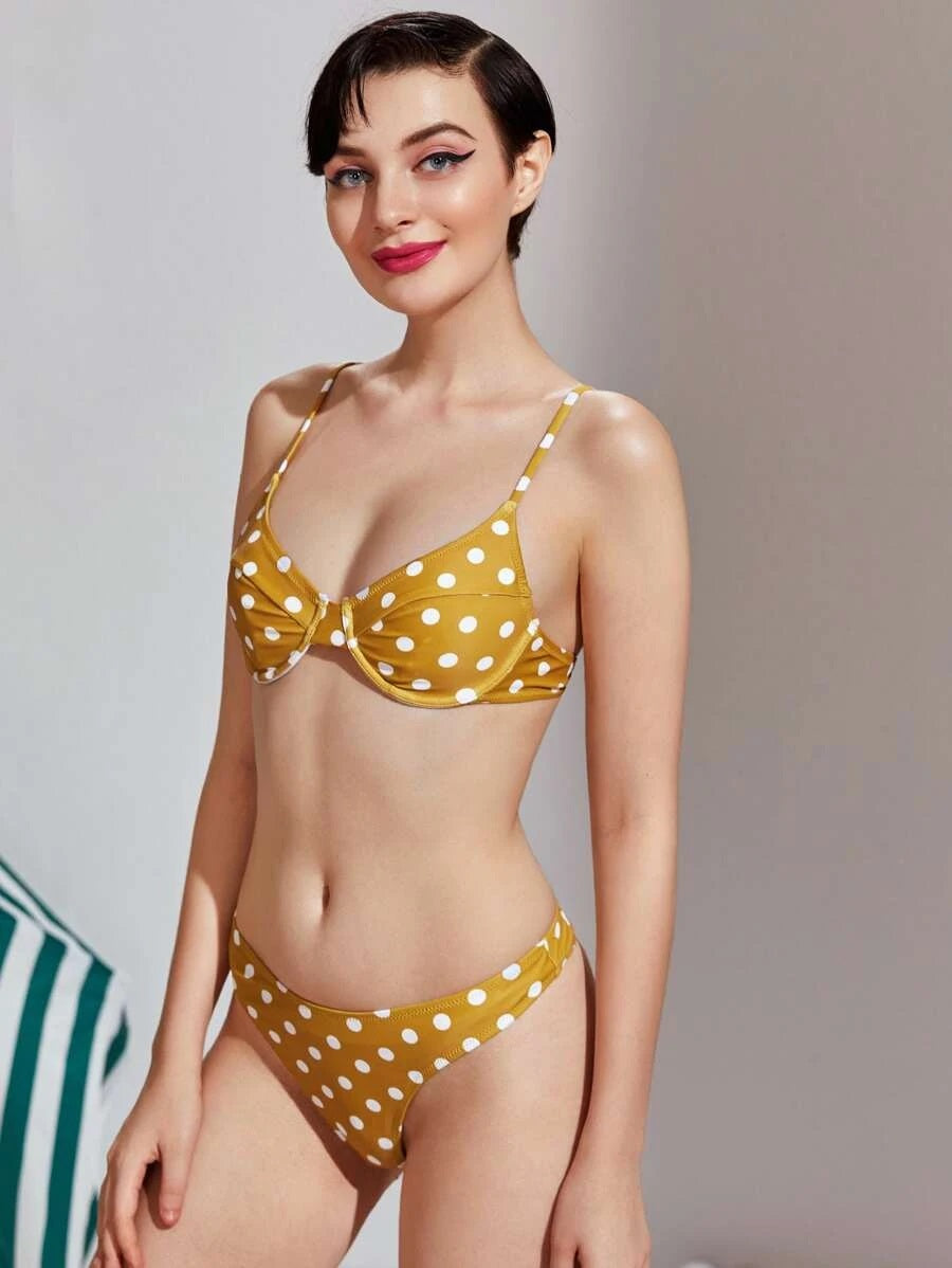 CM-SWS630856 Women Trendy Seoul Style Polka Dot Underwire High Cut Bikini Swimsuit