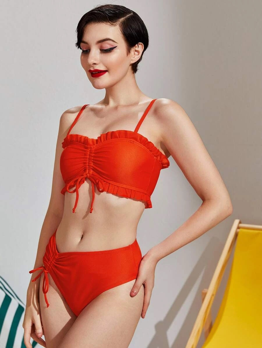 CM-SWS701602 Women Trendy Seoul Style Drawstring Frill Trim Bikini Swimsuit - Red