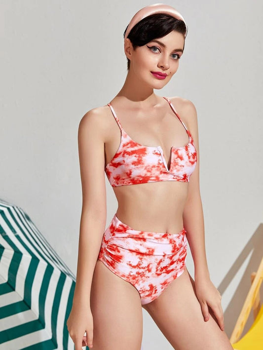 CM-SWS707195 Women Trendy Seoul Style Tie Dye V-Wired Ruched High Waisted Bikini Swimsuit