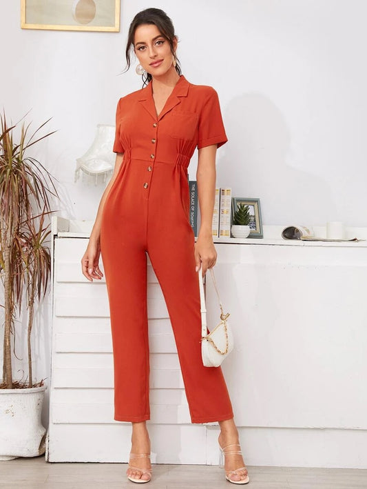 CM-JS707532 Women Casual Seoul Style Short Sleeve Solid Button Front Shirt Jumpsuit - Orange