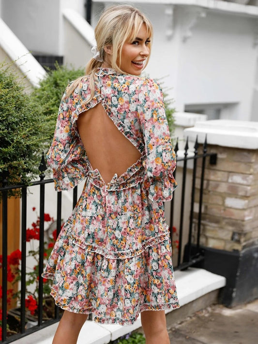 CM-DS612123 Women Casual Seoul Style Floral Print Frill Trim Backless A-Line Dress