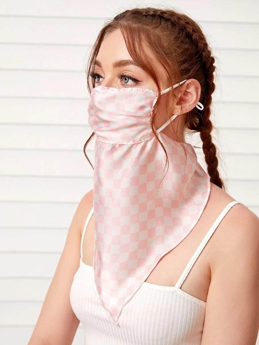 CM-FS603114 Women Plaid Pattern Silk Scarf Mask - Pink