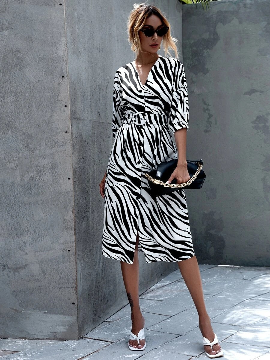 CM-DS702389 Women Casual Seoul Style Half Sleeve Zebra Print Belted A-Line Dress