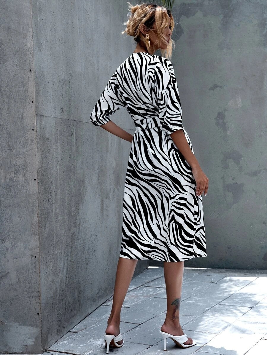 CM-DS702389 Women Casual Seoul Style Half Sleeve Zebra Print Belted A-Line Dress