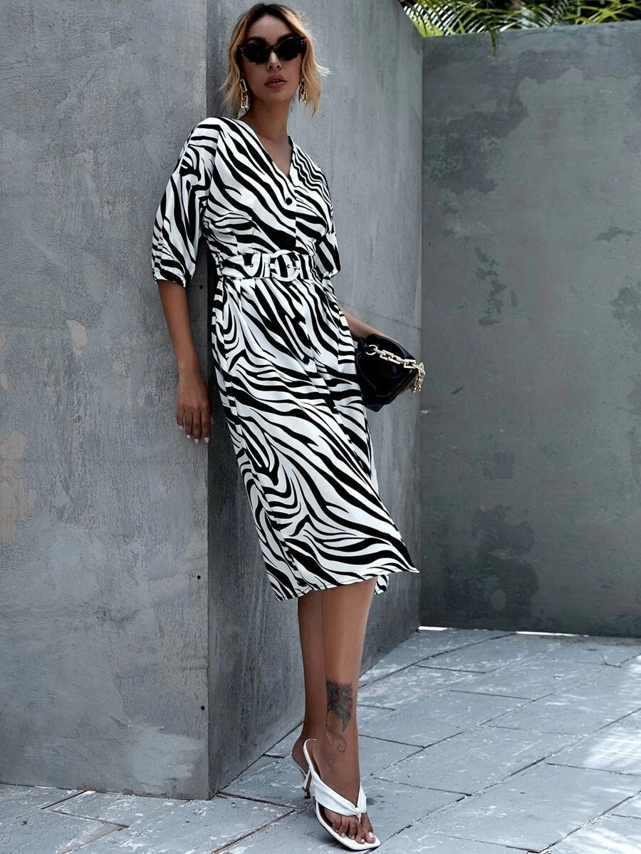 CM-DS702389 Women Casual Seoul Style Half Sleeve Zebra Print Belted A-Line Dress