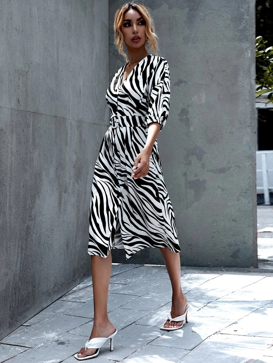 CM-DS702389 Women Casual Seoul Style Half Sleeve Zebra Print Belted A-Line Dress