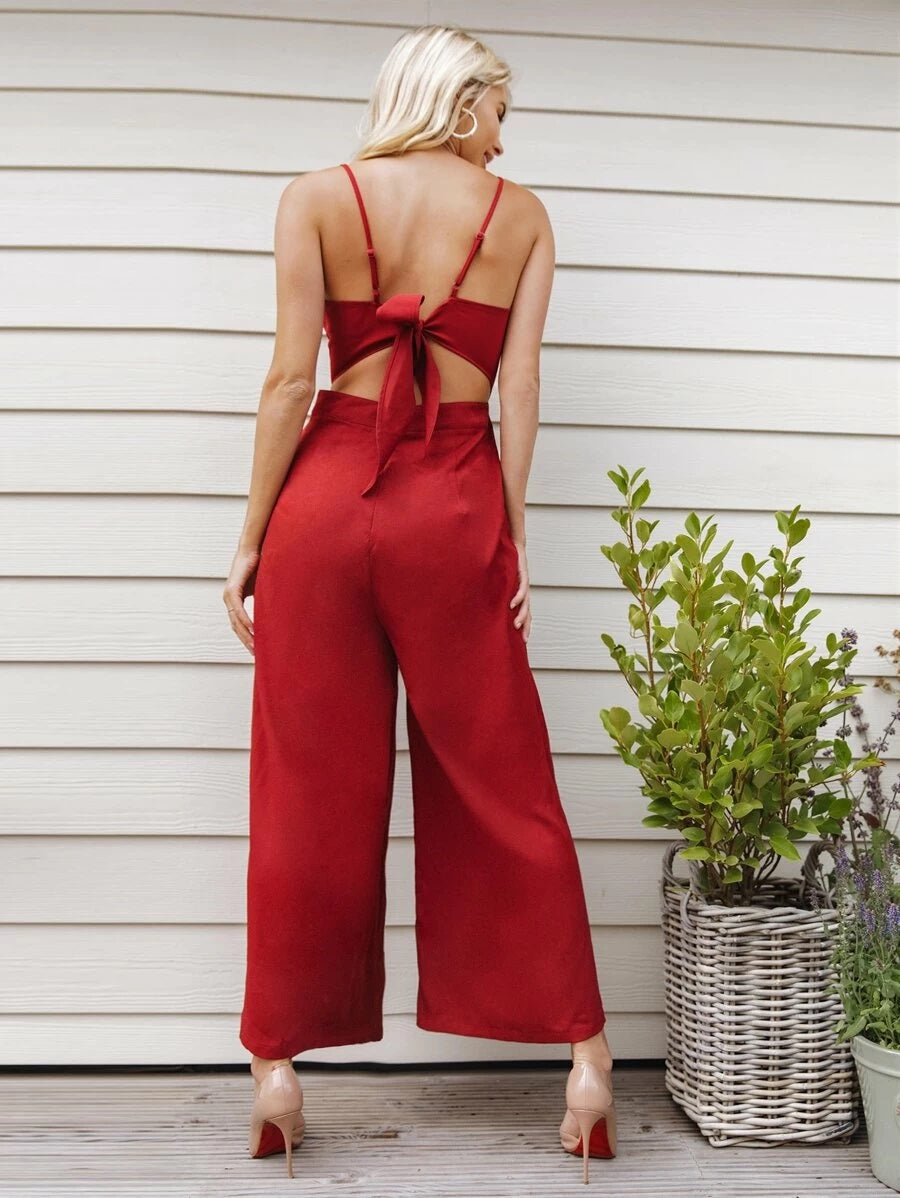 CM-JS611458 Women Elegant Seoul Style Surplice Neck Fold Pleated Wide Leg Slip Jumpsuit - Red