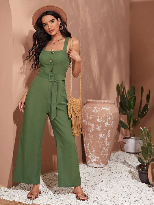 CM-JS616130 Women Casual Seoul Style Criss Cross Back Belted Cami Wide Leg Jumpsuit - Army Green