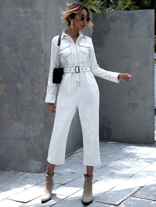CM-JS701668 Women Elegant Seoul Style Contrast Topstitching Belted Shirt Jumpsuit - White