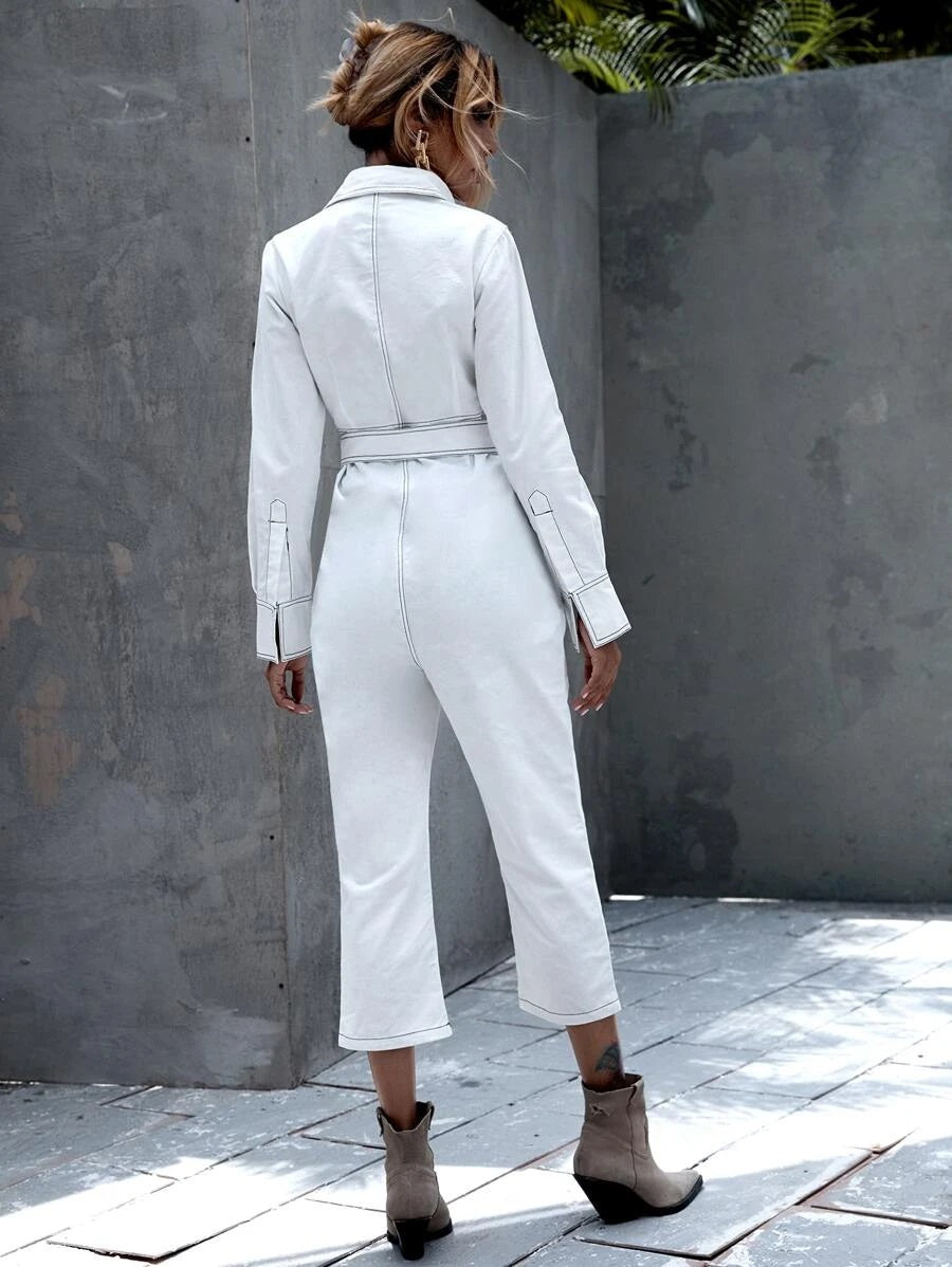 CM-JS701668 Women Elegant Seoul Style Contrast Topstitching Belted Shirt Jumpsuit - White