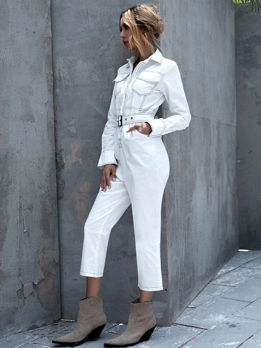 CM-JS701668 Women Elegant Seoul Style Contrast Topstitching Belted Shirt Jumpsuit - White