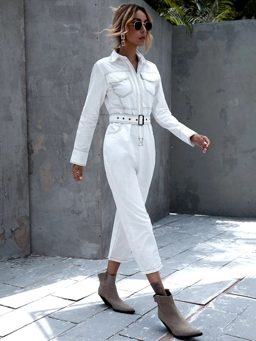 CM-JS701668 Women Elegant Seoul Style Contrast Topstitching Belted Shirt Jumpsuit - White