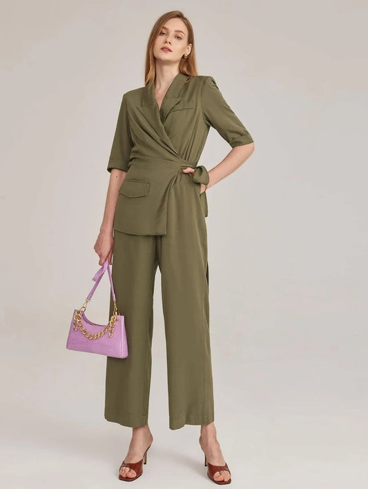 CM-JS623778 Women Elegant Seoul Style Half Sleeve Rayon Wrap Self Tie Jumpsuit - Army Green