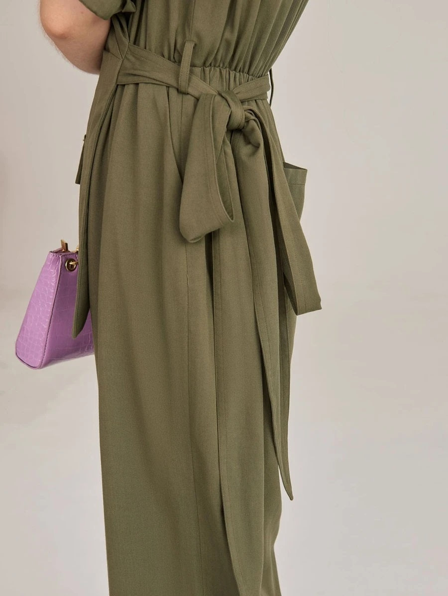 CM-JS623778 Women Elegant Seoul Style Half Sleeve Rayon Wrap Self Tie Jumpsuit - Army Green