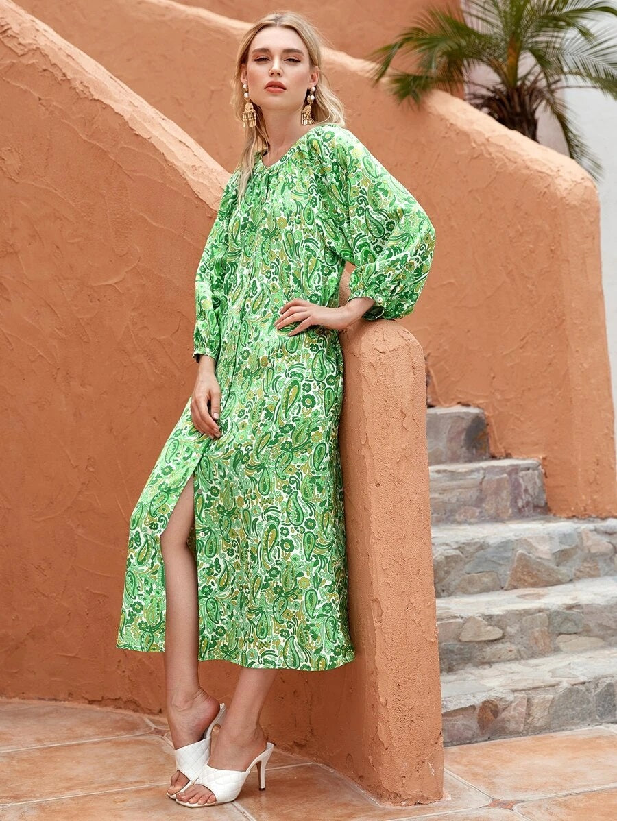 CM-DS706902 Women Trendy Bohemian Style Paisley Print Bishop Sleeve Tunic Dress - Green