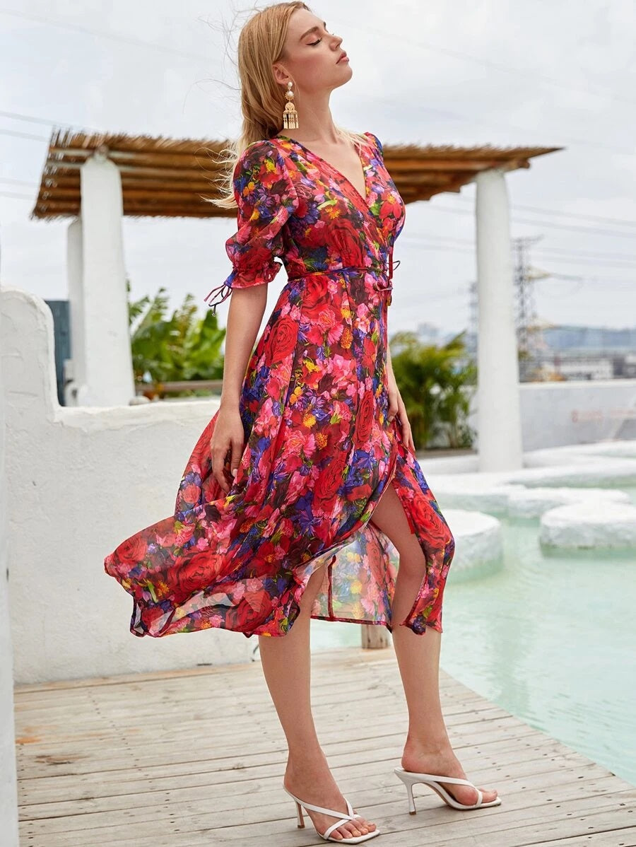 CM-DS702541 Women Trendy Bohemian Style Allover Floral Print Knot Side Wrap Dress