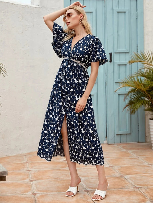 CM-DS702091 Women Casual Seoul Style Butterfly Sleeve Floral Print A-Line Dress - Navy Blue