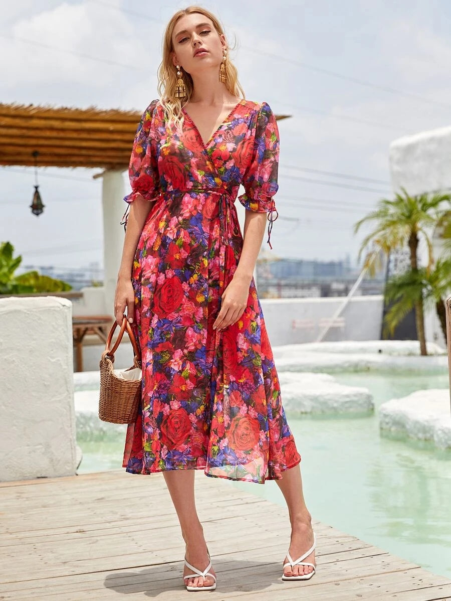 CM-DS702541 Women Trendy Bohemian Style Allover Floral Print Knot Side Wrap Dress