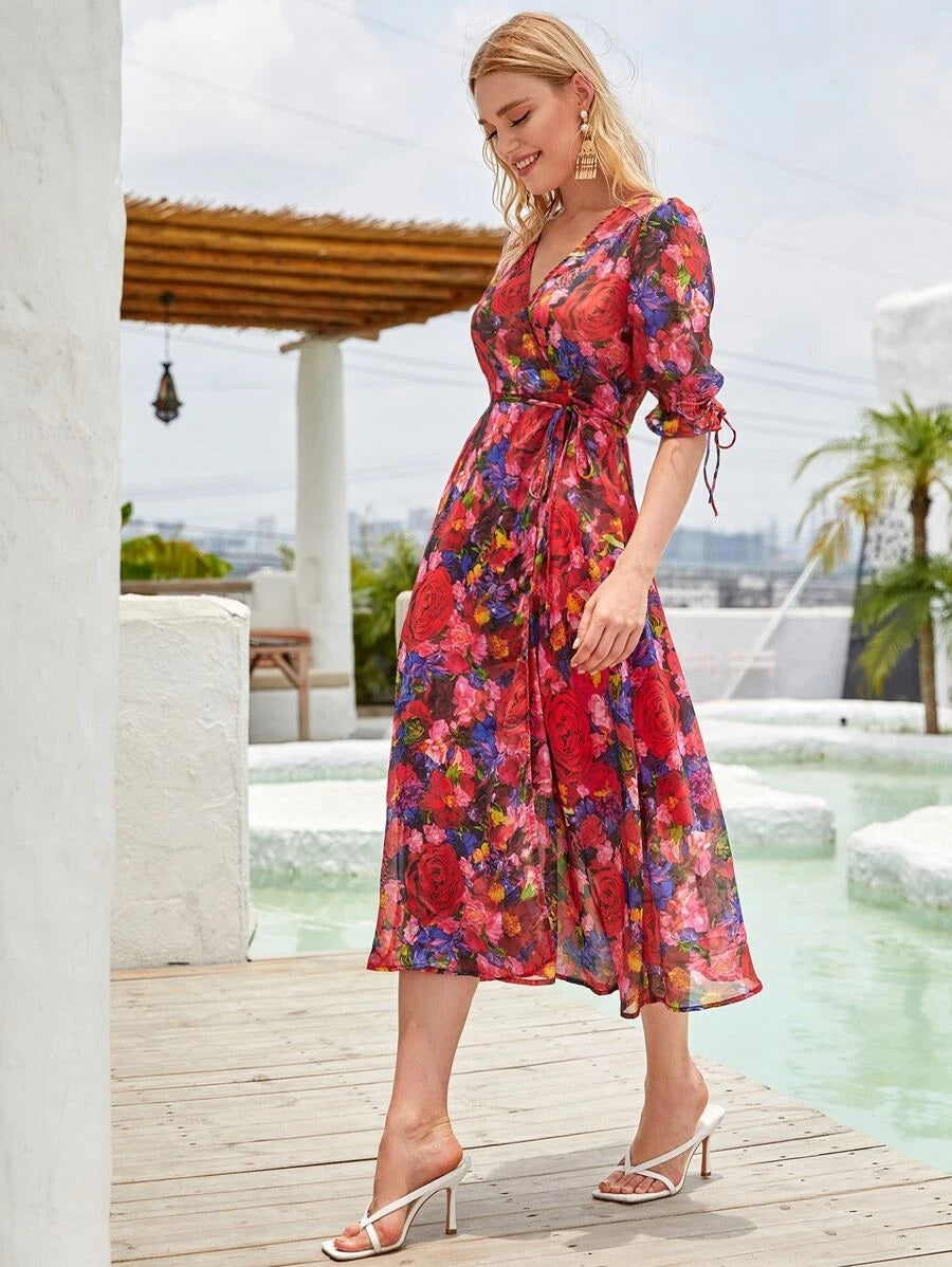 CM-DS702541 Women Trendy Bohemian Style Allover Floral Print Knot Side Wrap Dress