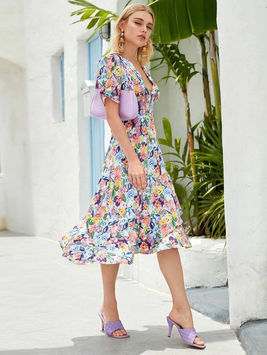 CM-DS702714 Women Casual Seoul Style Floral Print Shirred Waist A-Line Dress