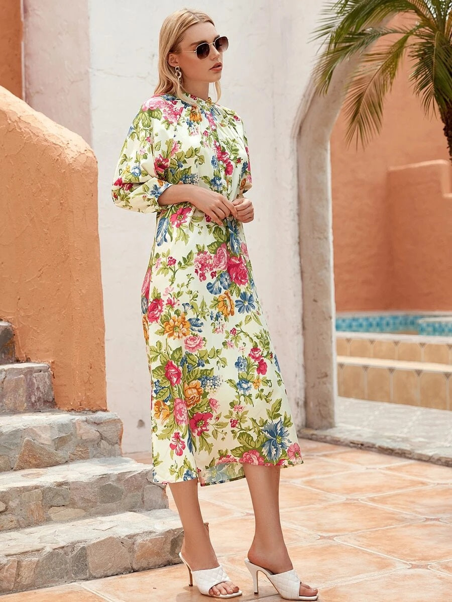 CM-DS706177 Women Trendy Bohemian Style Long Sleeve Floral Print Half Button Dress