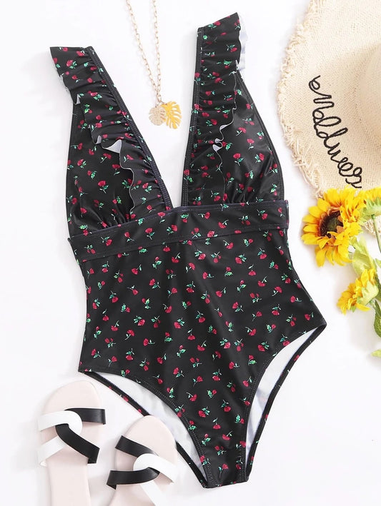 CM-SWS713263 Women Trendy Seoul Style Ditsy Floral Ruffle One Piece Swimsuit - Black
