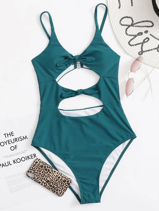 CM-SWS714944 Women Trendy Seoul Style Cut Out Knot Front One Piece Swimsuit - Teal Blue