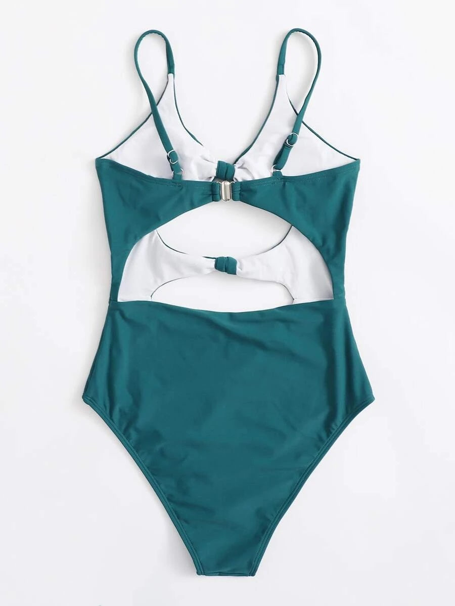 CM-SWS714944 Women Trendy Seoul Style Cut Out Knot Front One Piece Swimsuit - Teal Blue