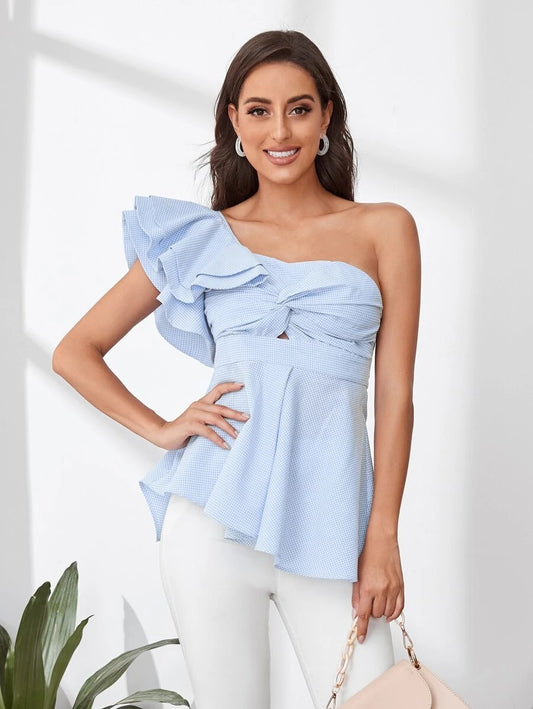 CM-TS623707 Women Casual Seoul Style One Shoulder Twist Front Peplum Top - Blue