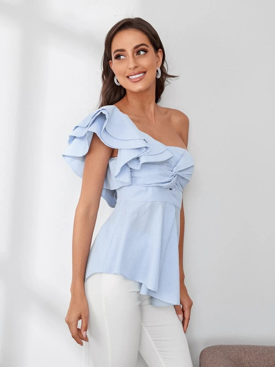 CM-TS623707 Women Casual Seoul Style One Shoulder Twist Front Peplum Top - Blue