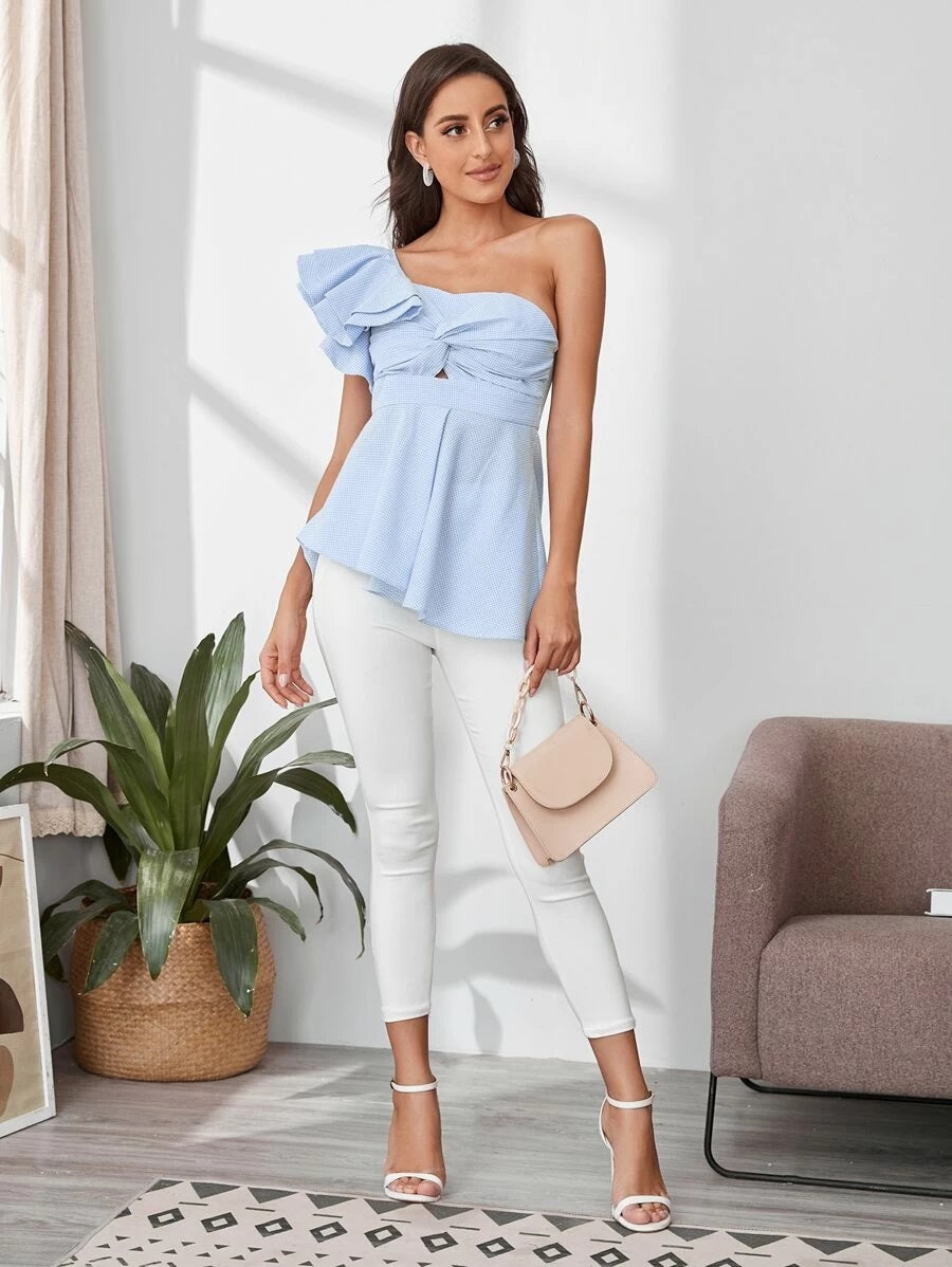CM-TS623707 Women Casual Seoul Style One Shoulder Twist Front Peplum Top - Blue