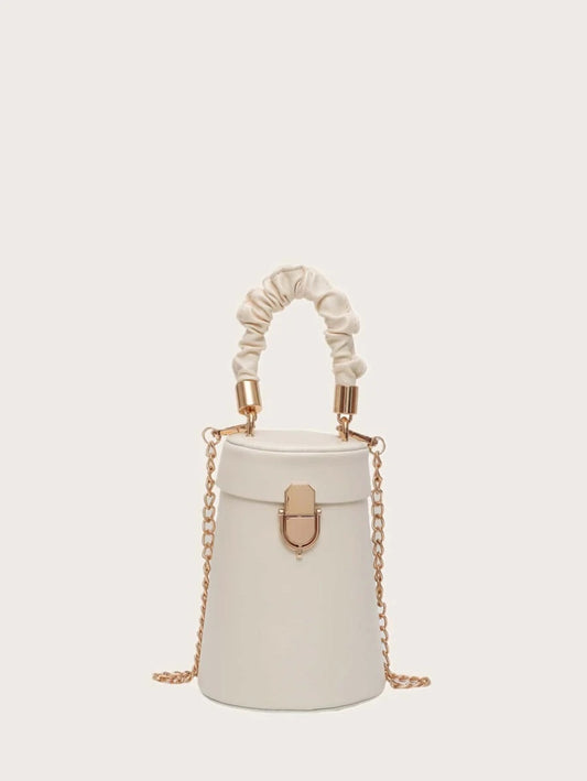 CM-BGS714718 Women Trendy Seoul Style Ruched Handle Bucket Bag - White