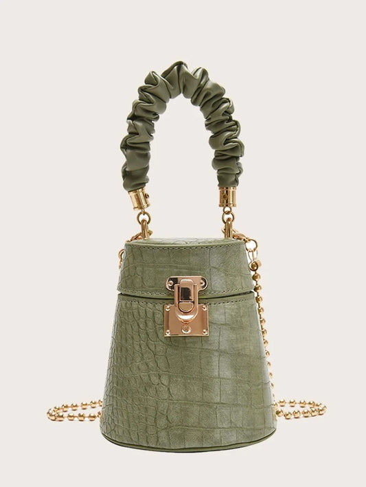 CM-BGS714435 Women Trendy Seoul Style Mini Ruched Croc Embossed Box Bag - Green
