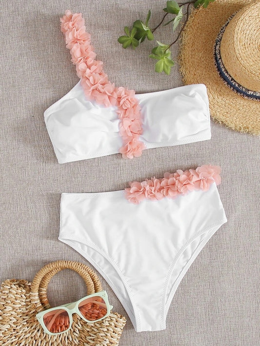 CM-SWS715226 Women Trendy Seoul Style Appliques One Shoulder Bikini Swimsuit - White