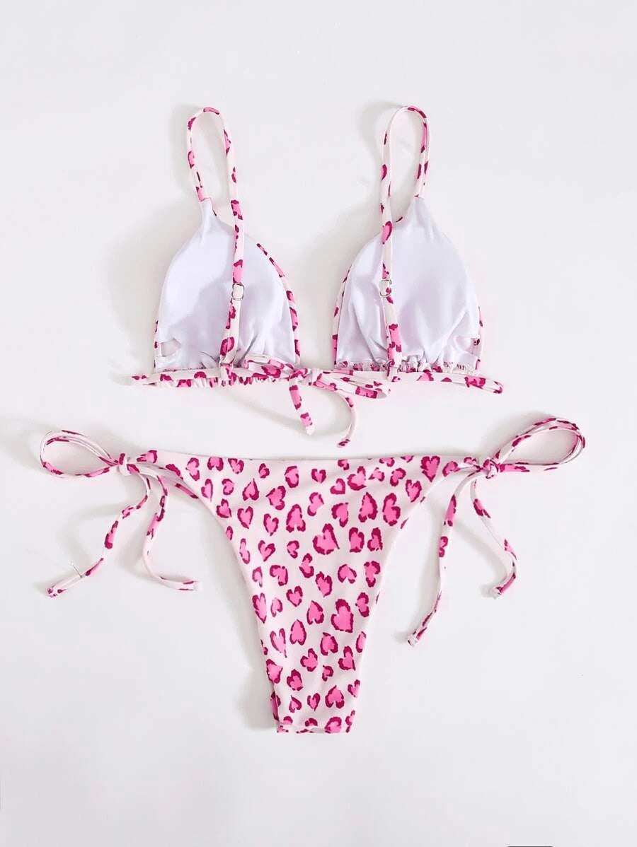 CM-SWS716094 Women Trendy Seoul Style Allover Heart Triangle Tie Side Bikini Swimsuit - Pink