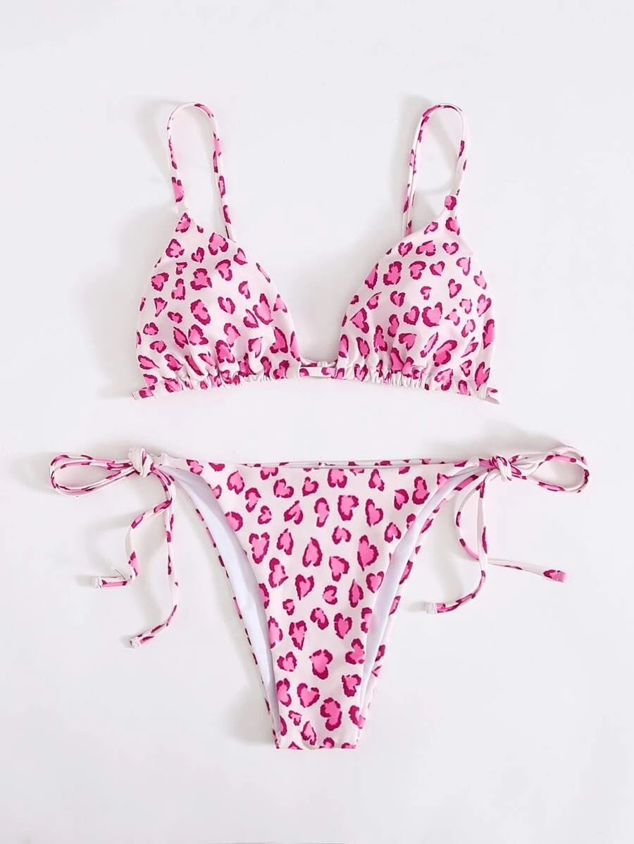 CM-SWS716094 Women Trendy Seoul Style Allover Heart Triangle Tie Side Bikini Swimsuit - Pink