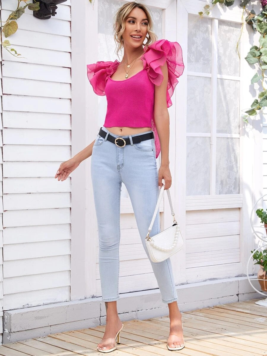 CM-TS710998 Women Casual Seoul Style Exaggerated Ruffle Tie Back Top - Hot Pink