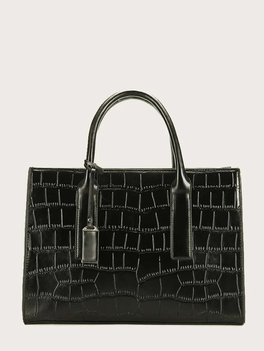 CM-BGS717005 Women Trendy Seoul Style Croc Embossed Satchel Bag - Black