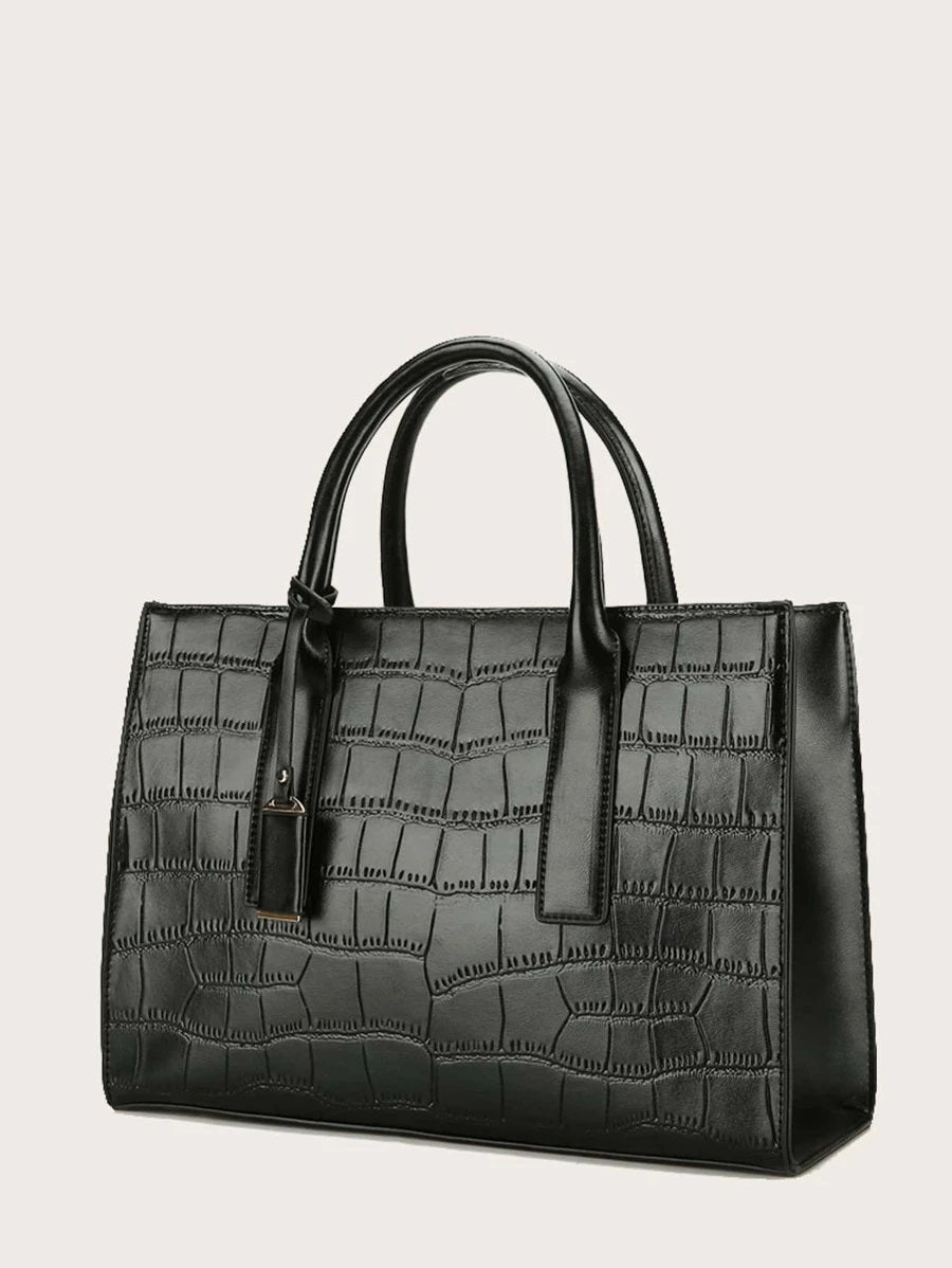 CM-BGS717005 Women Trendy Seoul Style Croc Embossed Satchel Bag - Black