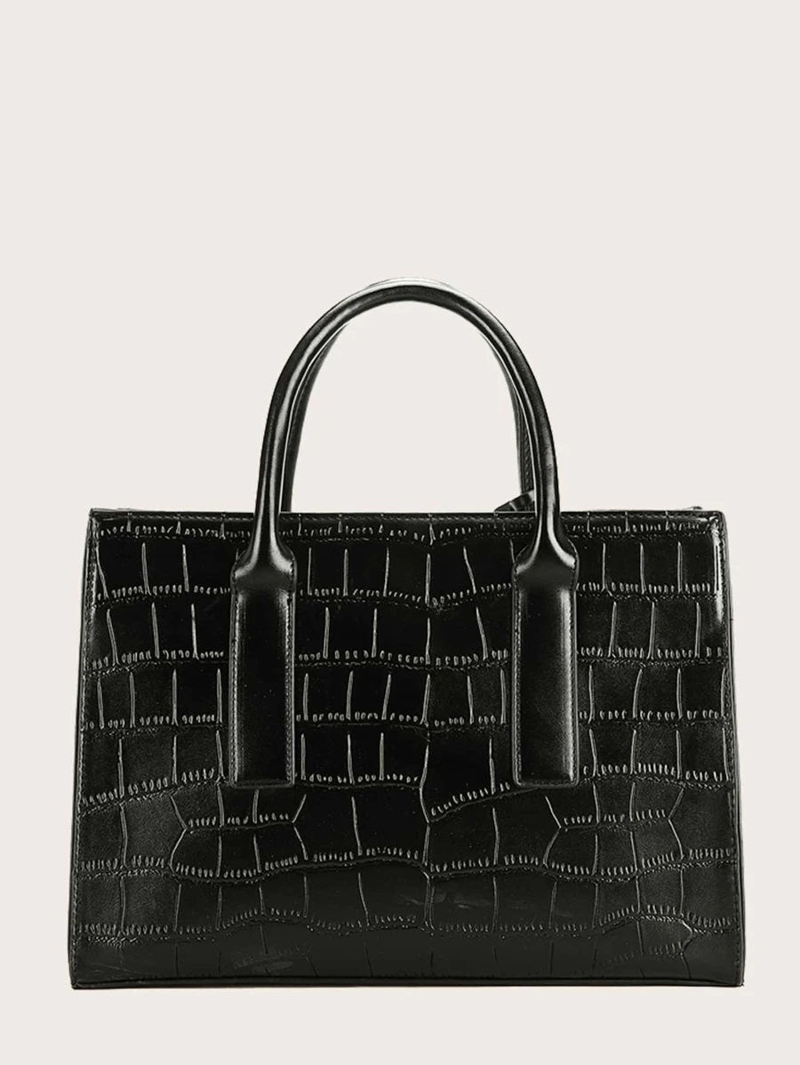 CM-BGS717005 Women Trendy Seoul Style Croc Embossed Satchel Bag - Black