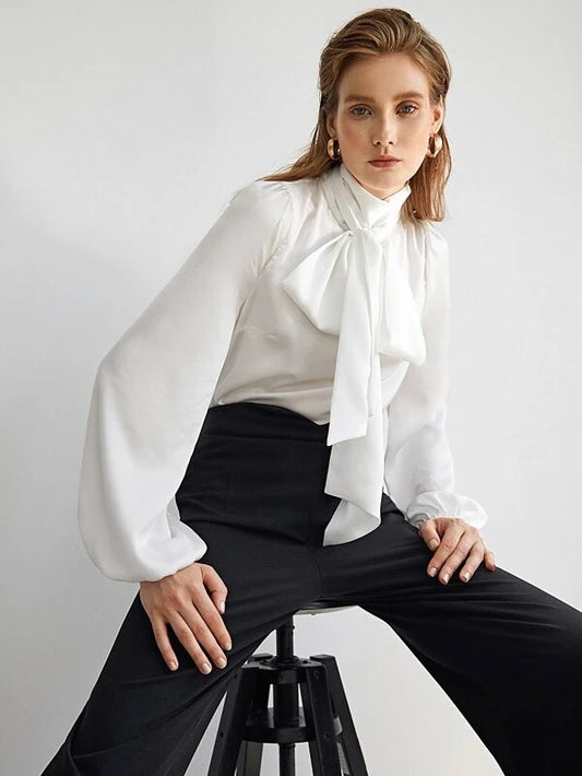 CM-TS709376 Women Elegant Seoul Style Exaggerate Bow Tie Front Lantern Sleeve Satin Top
